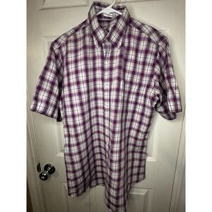 Peter Millar Plaid Shirt Mens Medium Purple Check Short Sleeve Cotton Linen Top